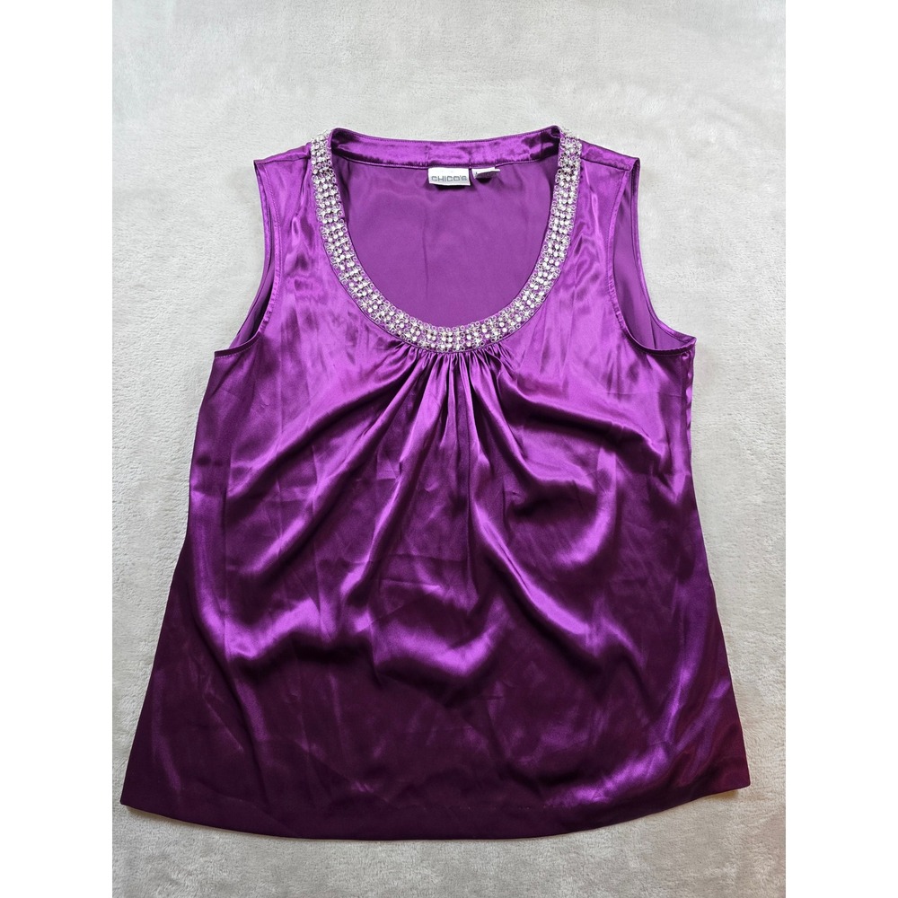 Chicos Top Shirt Blouse Womens Size 1 Purple Sleeveless Embellished Very Light